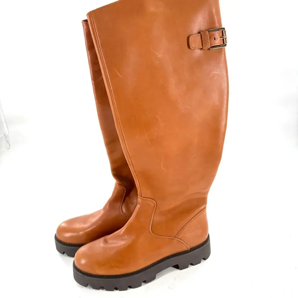 Franco Sarto Balinboot Tall Boots 9.5 NWOT Knee High Cognac Brown Leather Lug